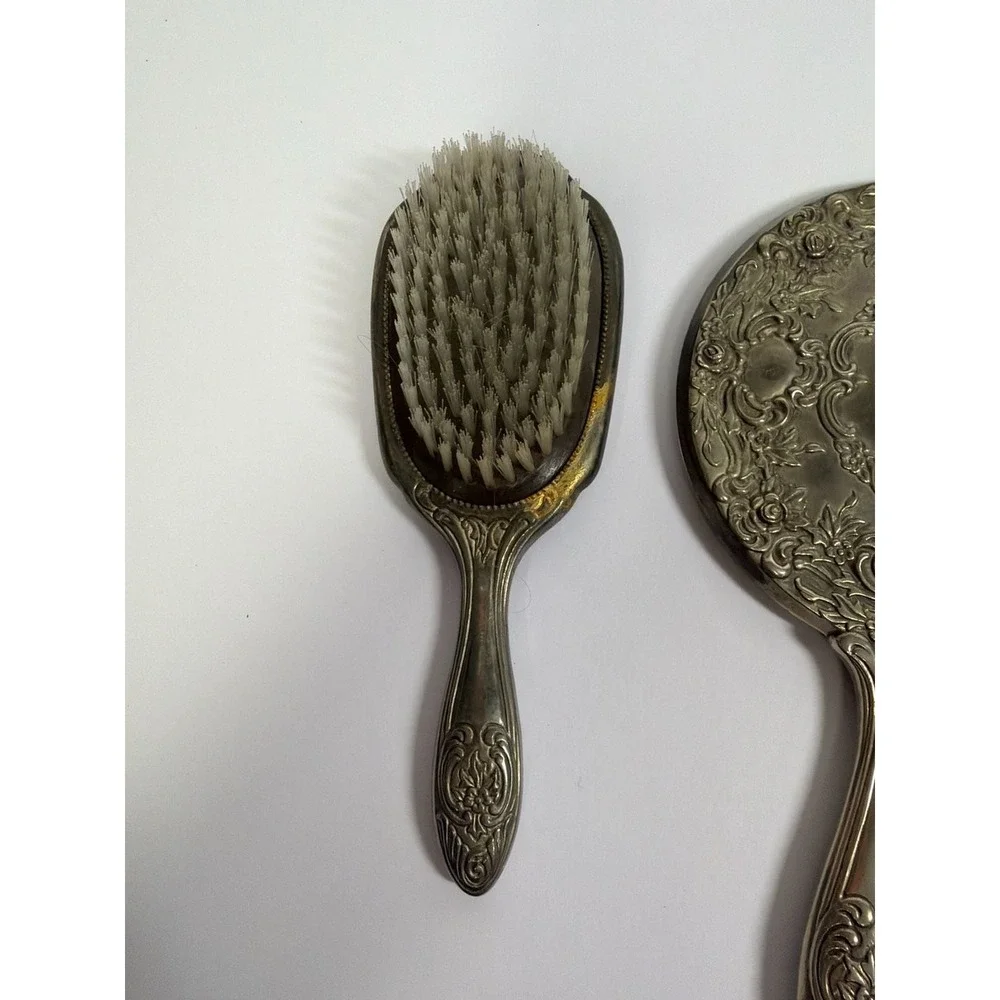 Vintage Ornate‎ Silver Plated Repousse Rose Vanity Hand Mirror and Brush Set